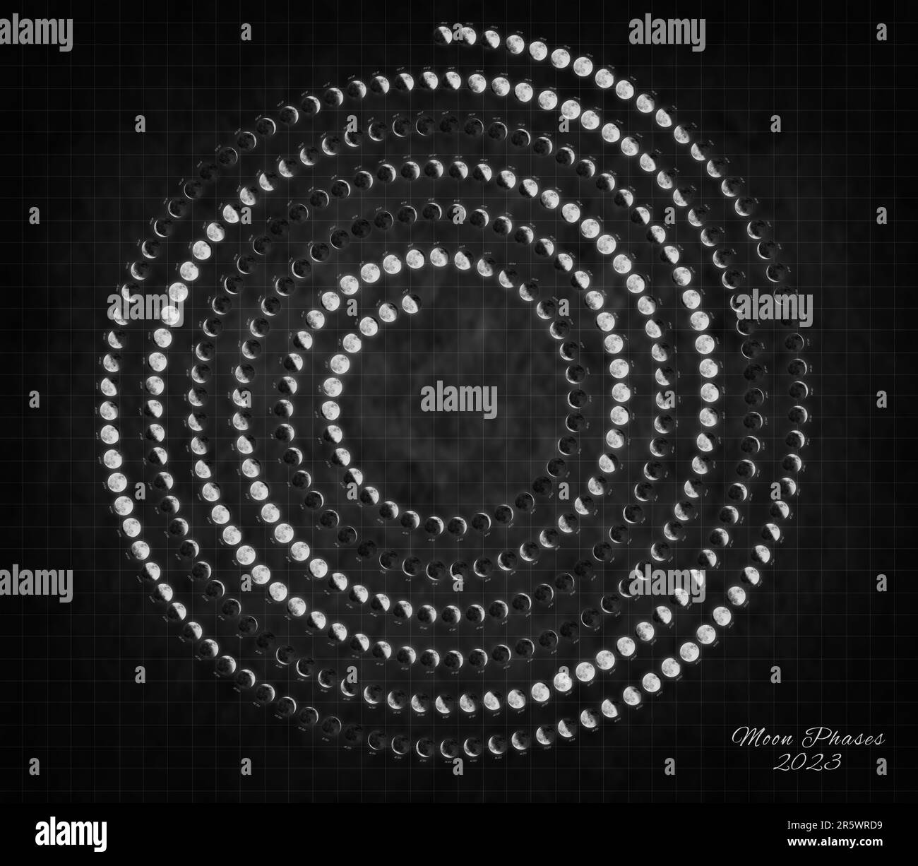 Moon Calendar 2023, Spiral Moon Phases on Black Background Stock Photo