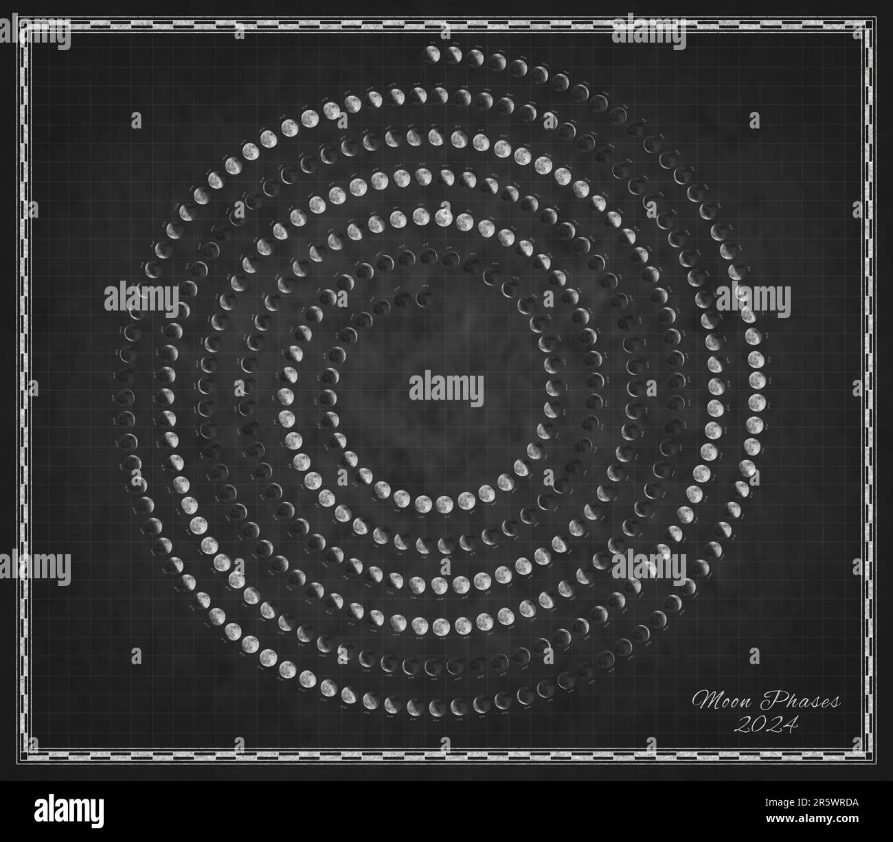 Moon Calendar 2025, Spiral Moon Phases on Black Background Stock Photo