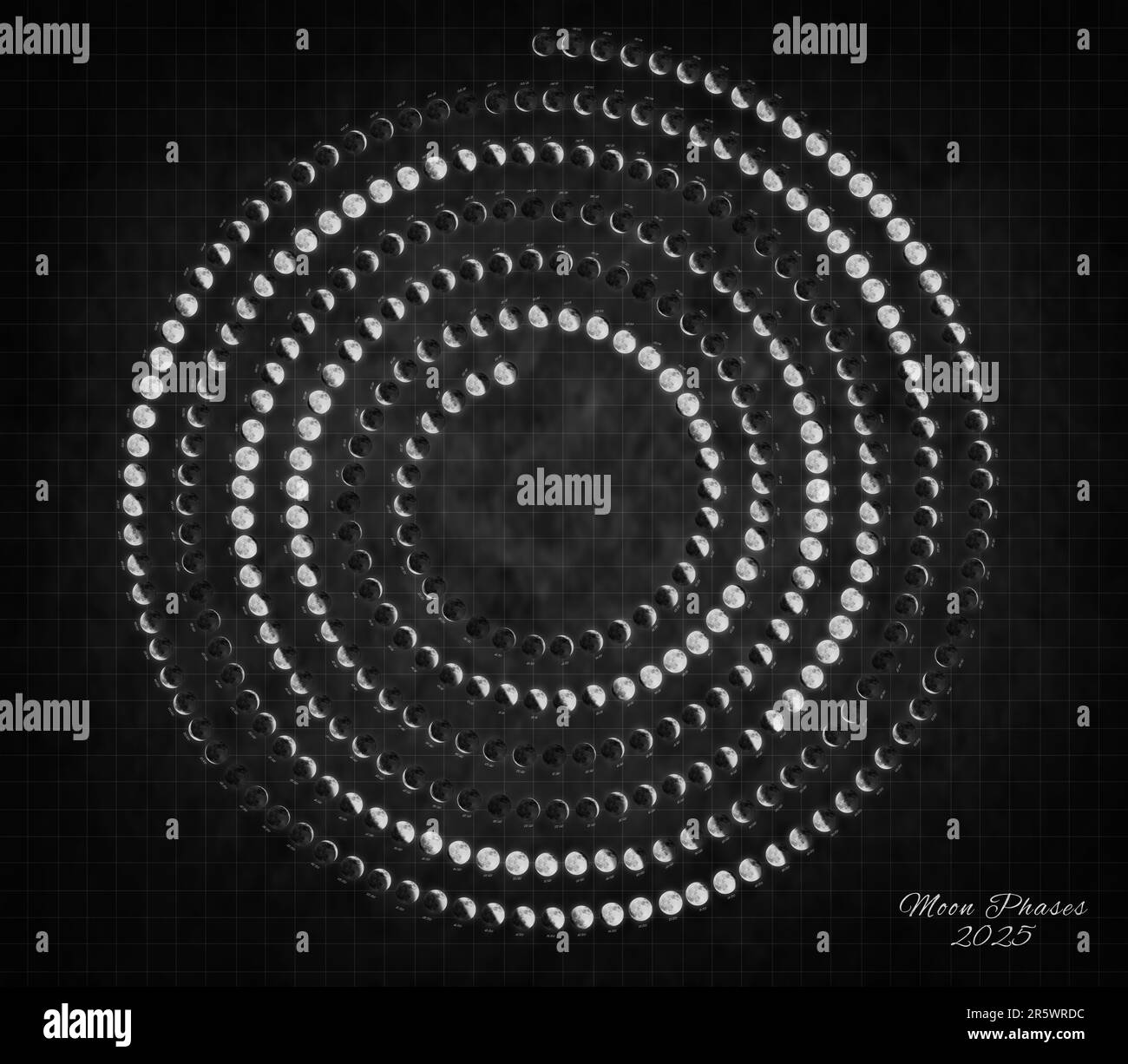 Moon Calendar 2025, Spiral Moon Phases on Black Background Stock Photo