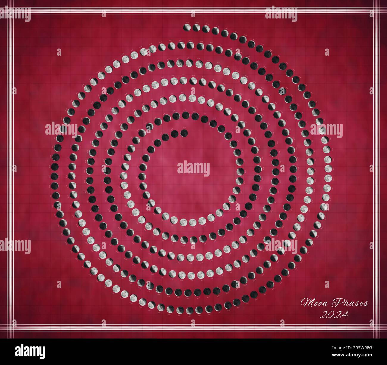 Moon Calendar 2025, Spiral Moon Phases on Red Background Stock Photo