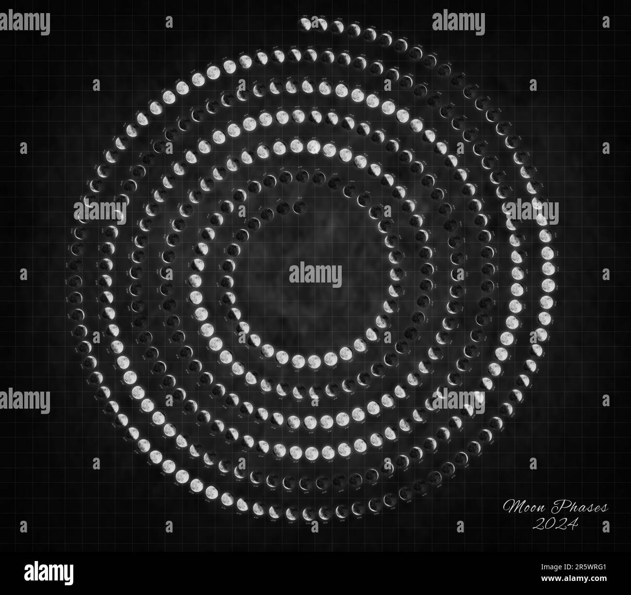 Moon Calendar 2024, Spiral Moon Phases on Black Background Stock Photo