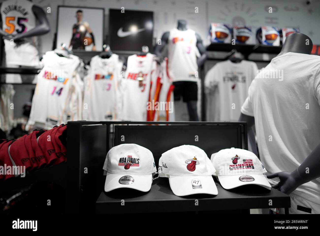 Shoppers browse for Miami Heat basketball team gear, Monday, June 5, 2023,  at the official Miami Heat Store at Dadeland Mall in Miami. The Heat will  next face the Denver Nuggets on