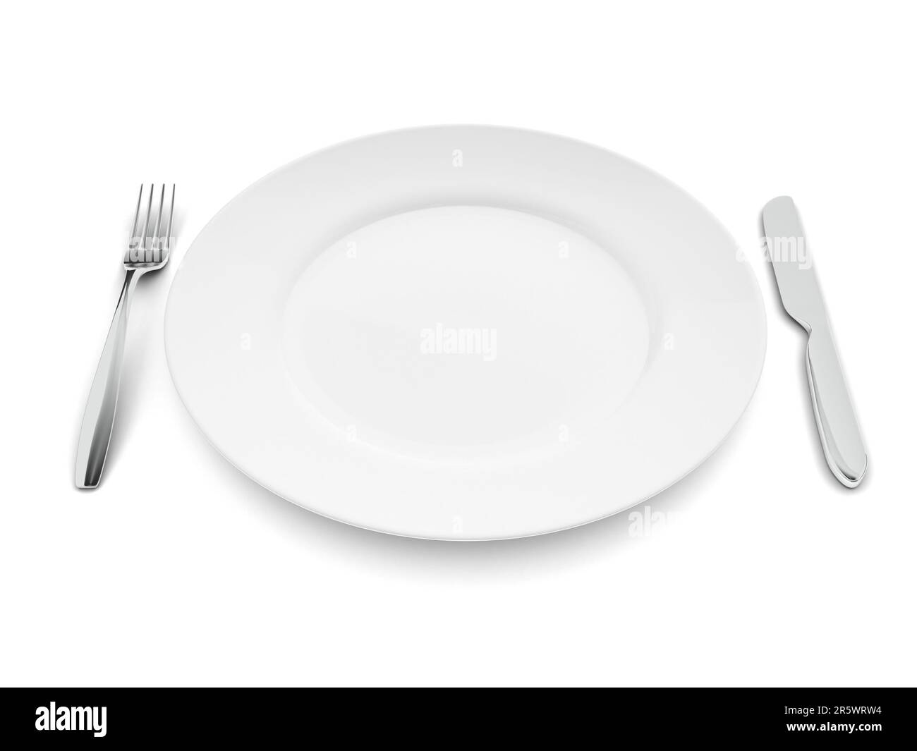 Knife, fork and plate isolated on white background. Empty dinner plate. Tableware. 3d illustration. Stock Photo