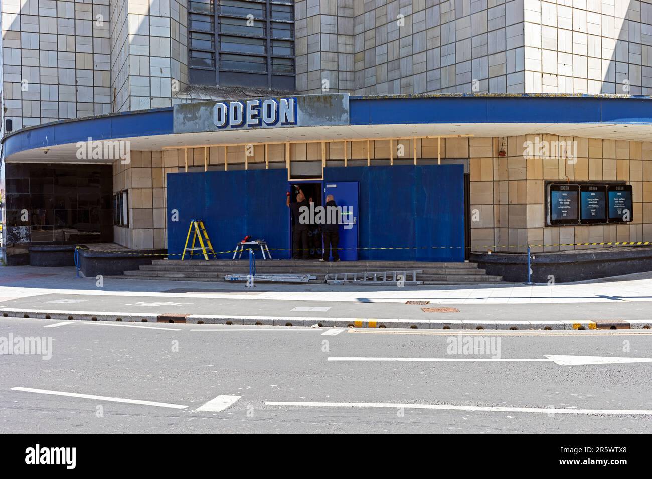 WestonsuperMare, UK, 5 June 2023. On the day that the Odeon cinema closes workmen board up the