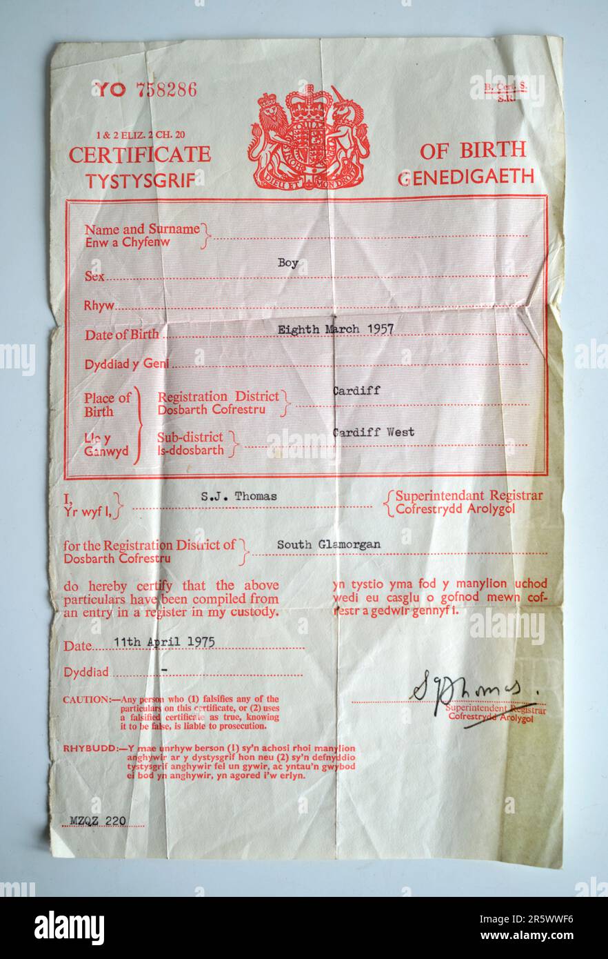 Welsh Birth Certificate Stock Photo