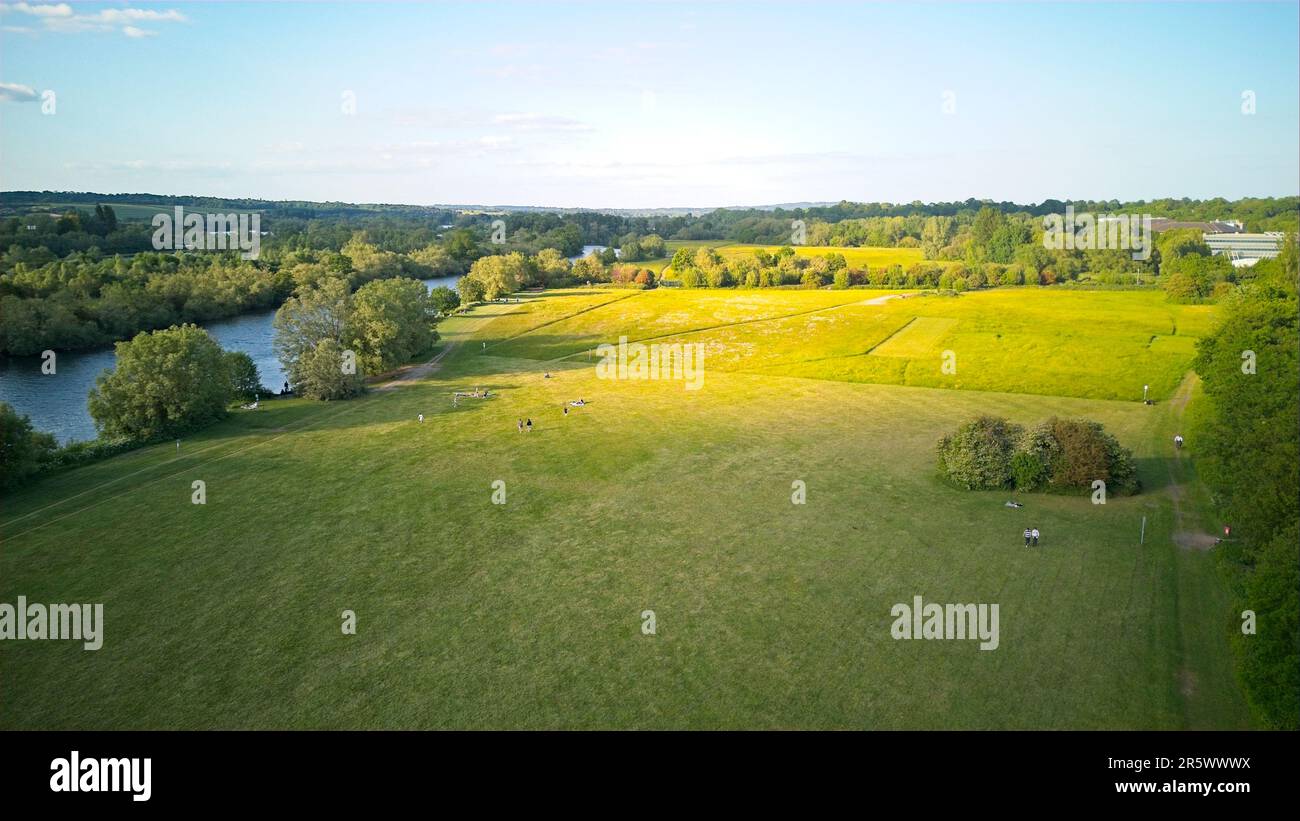 An aerial view along the Thames river by Thames Valley Park heading into Reading, United Kingdom - 03.06.2023 Stock Photo