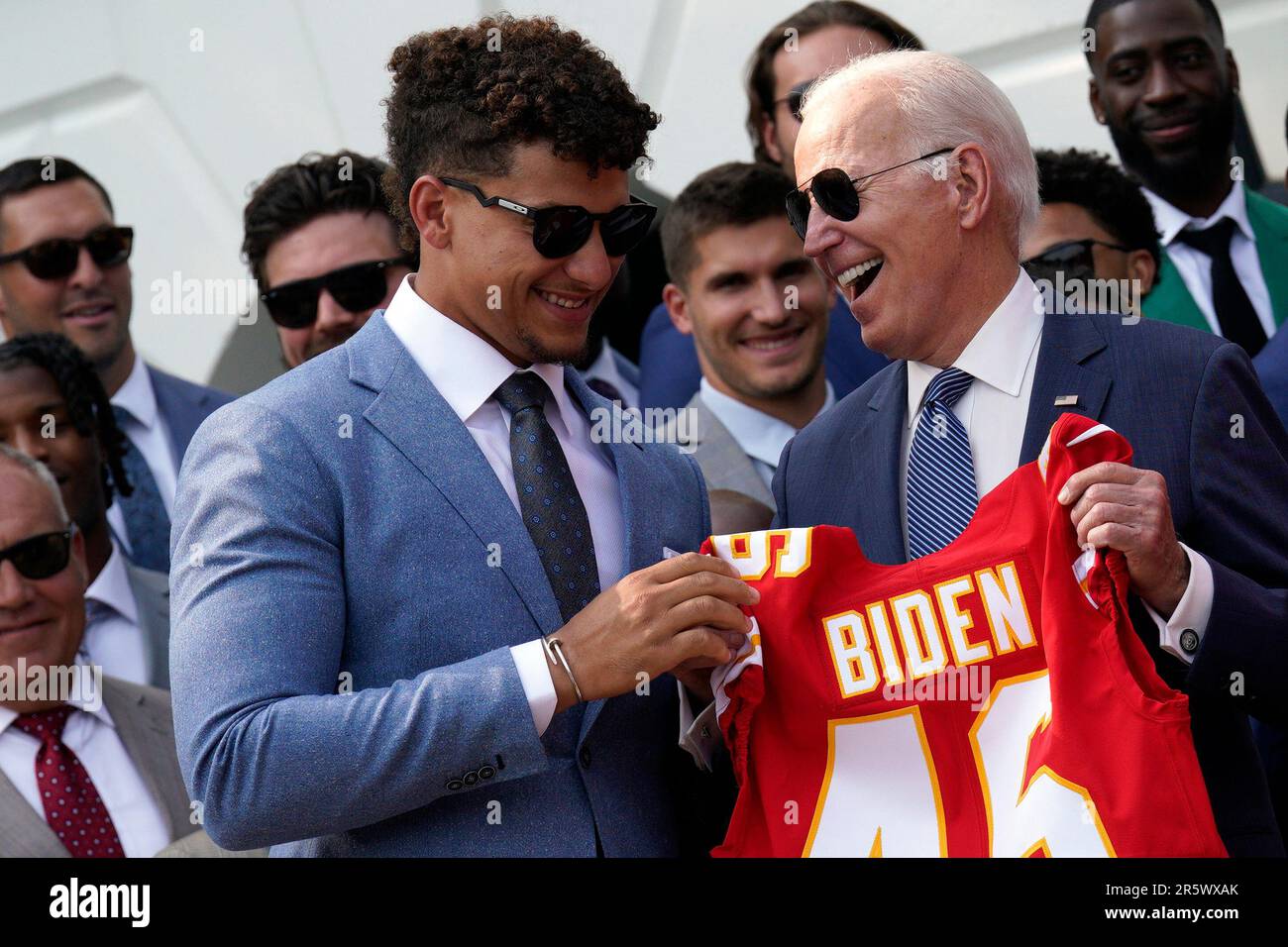 Washington, United States. 05th June, 2023. U.S. President Joe Biden is presented a jersey from Quarterback Patrick Mahomes as he welcomes the Kansas City Chiefs to celebrate their victory in Super Bowl LVII on the South Lawn of the White House in Washington on June 5, 2023. Photo by Yuri Gripas/UPI Credit: UPI/Alamy Live News Stock Photo