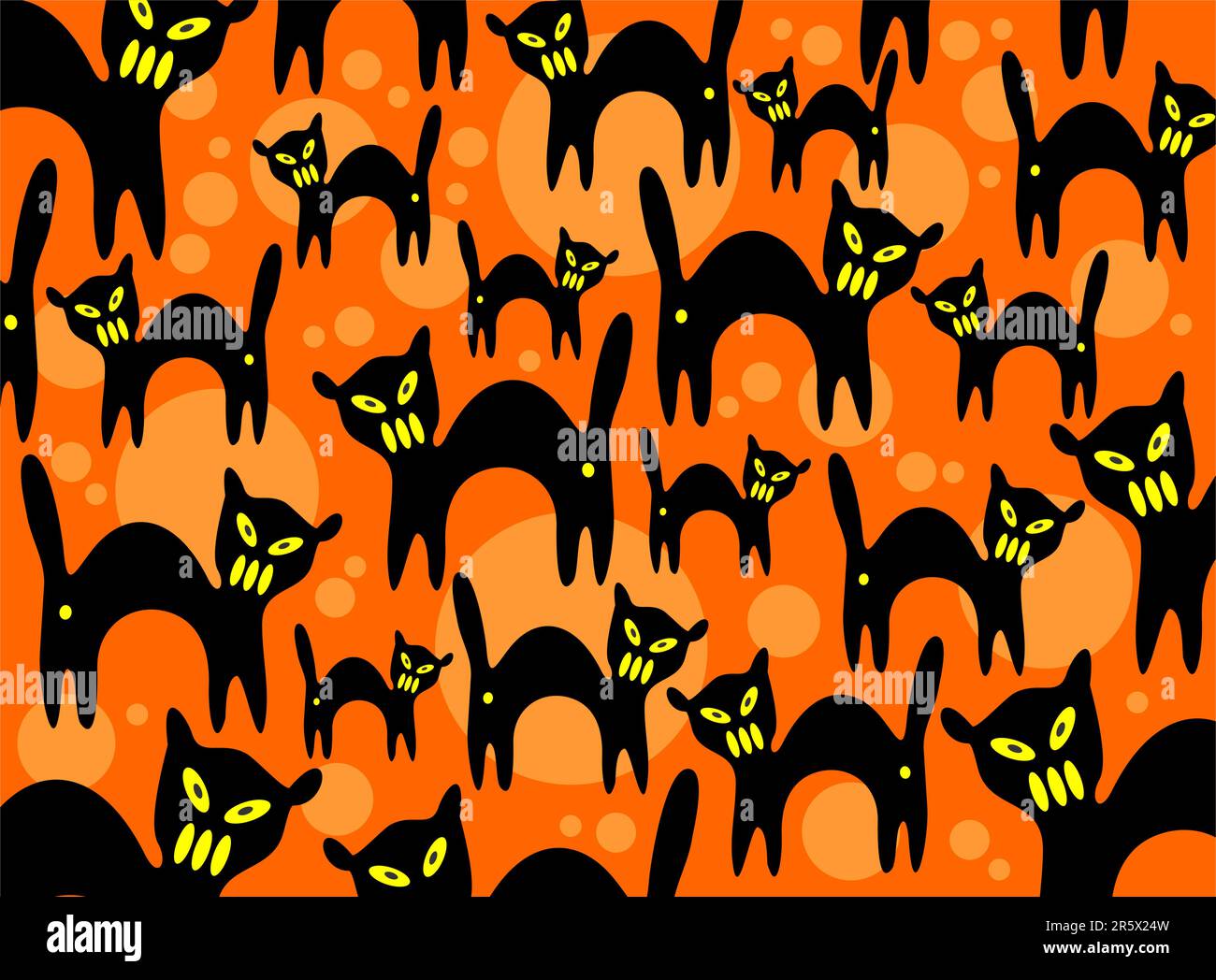 Cartoon black cats on an orange background. Halloween illustration. Stock Vector