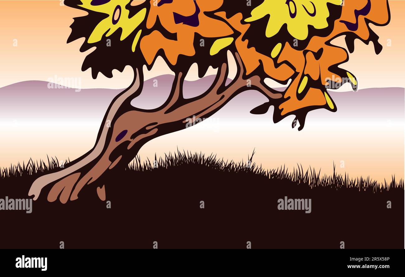 A high-contrast image of a tree during Autumn. Light and hazy hill can be seen in the distance. Stock Vector