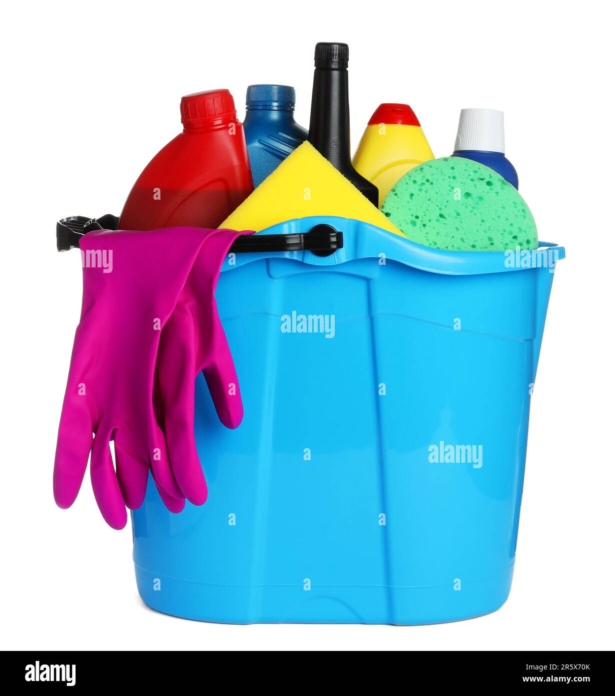 Light blue bucket and many different car wash products on white