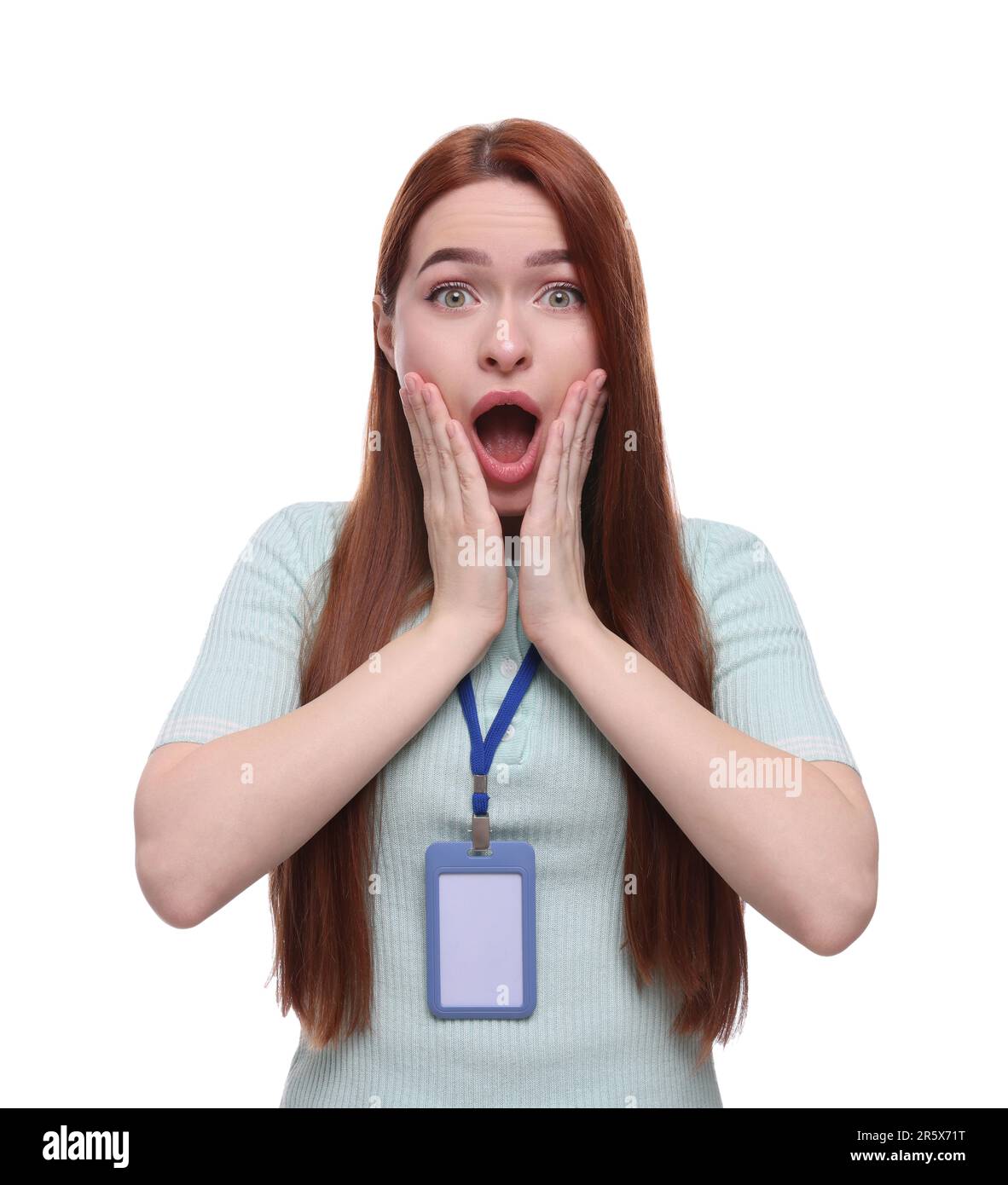 Shocked woman with vip pass badge on white background Stock Photo - Alamy