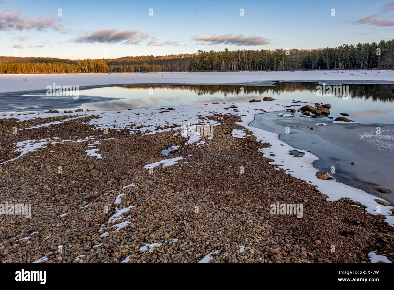 Tully Lake in Royalston, MA in the winter and a very low water level Stock Photo