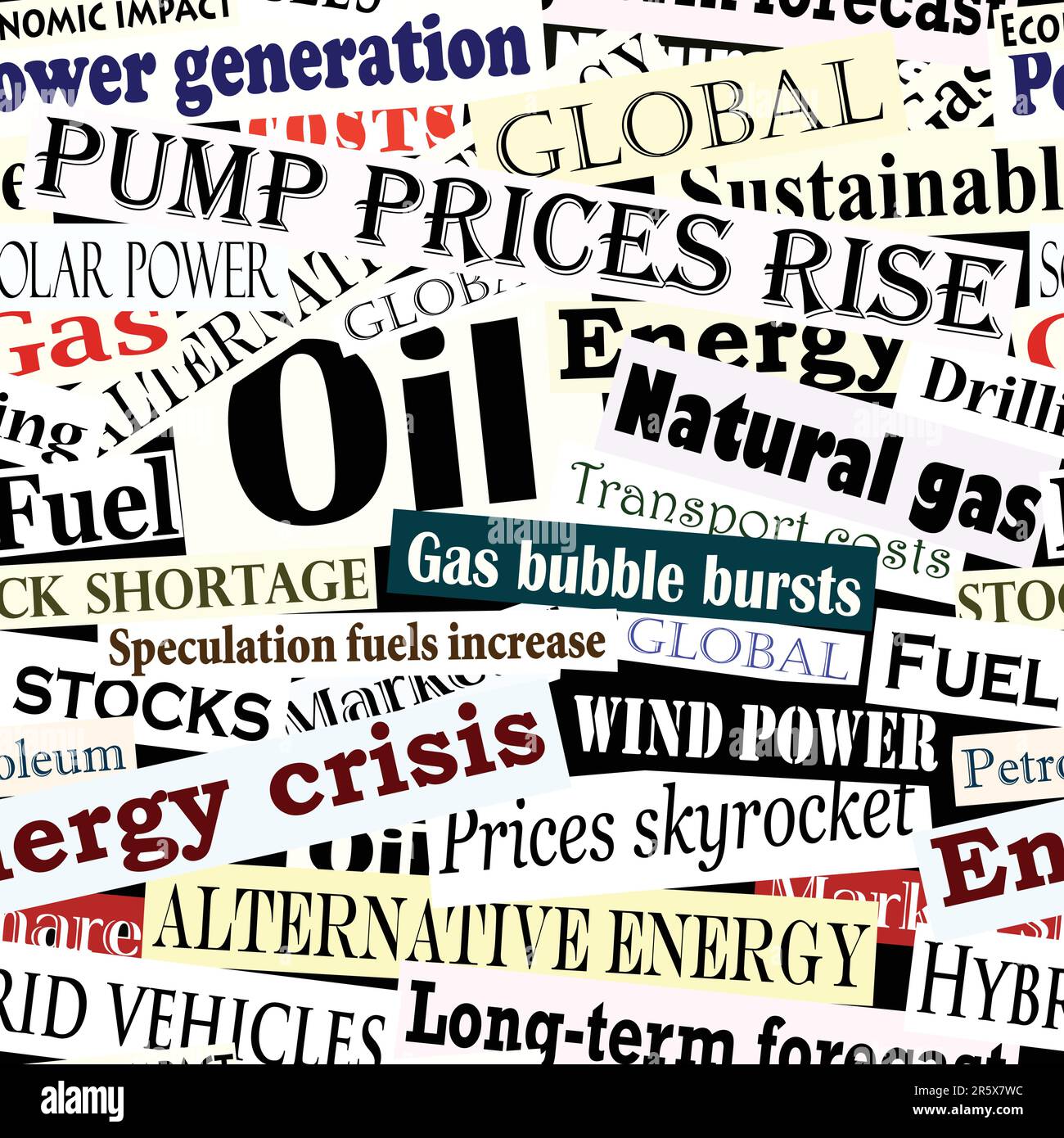 Editable vector seamless tile of energy headlines Stock Vector