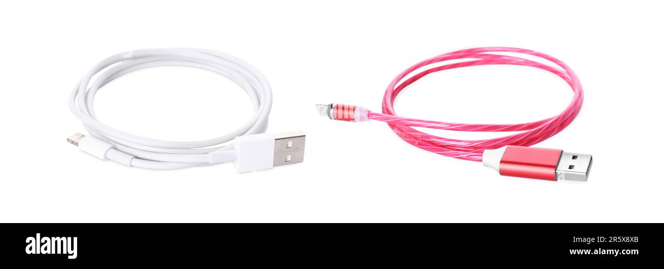 USB cables with different connectors on white background Stock Photo