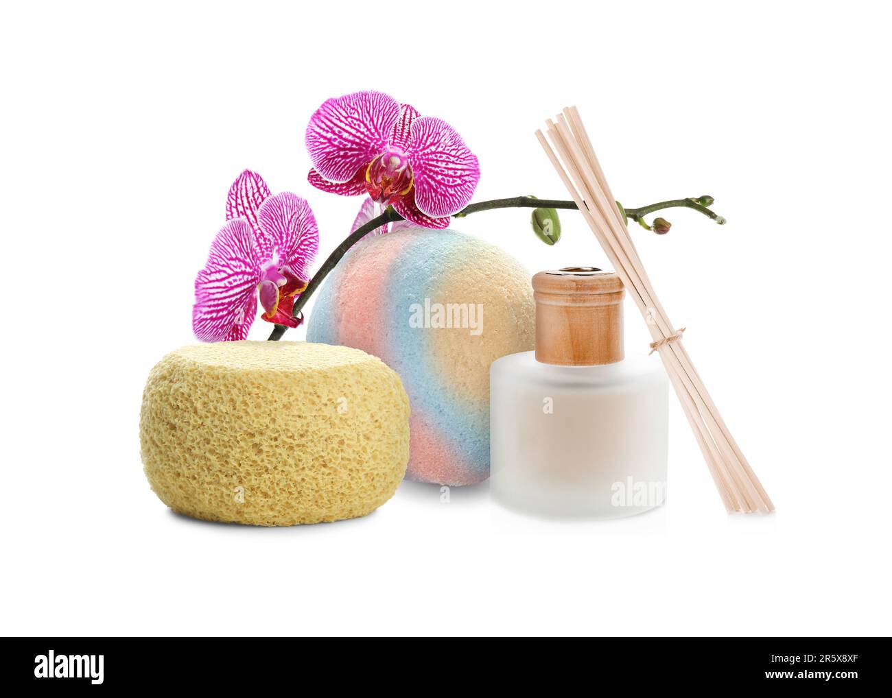 Beautiful composition with shower sponge, reed diffuser and orchid ...