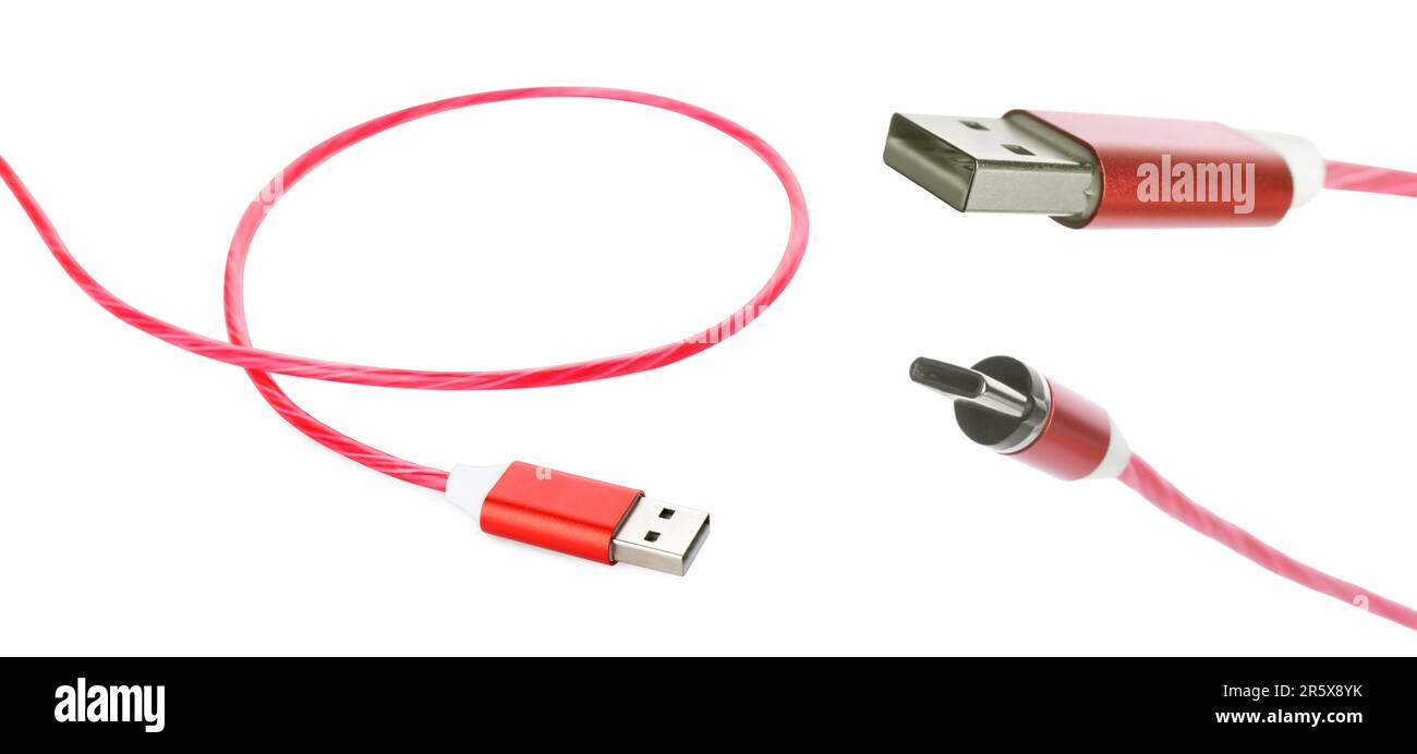 Type C and USB cables on white background Stock Photo