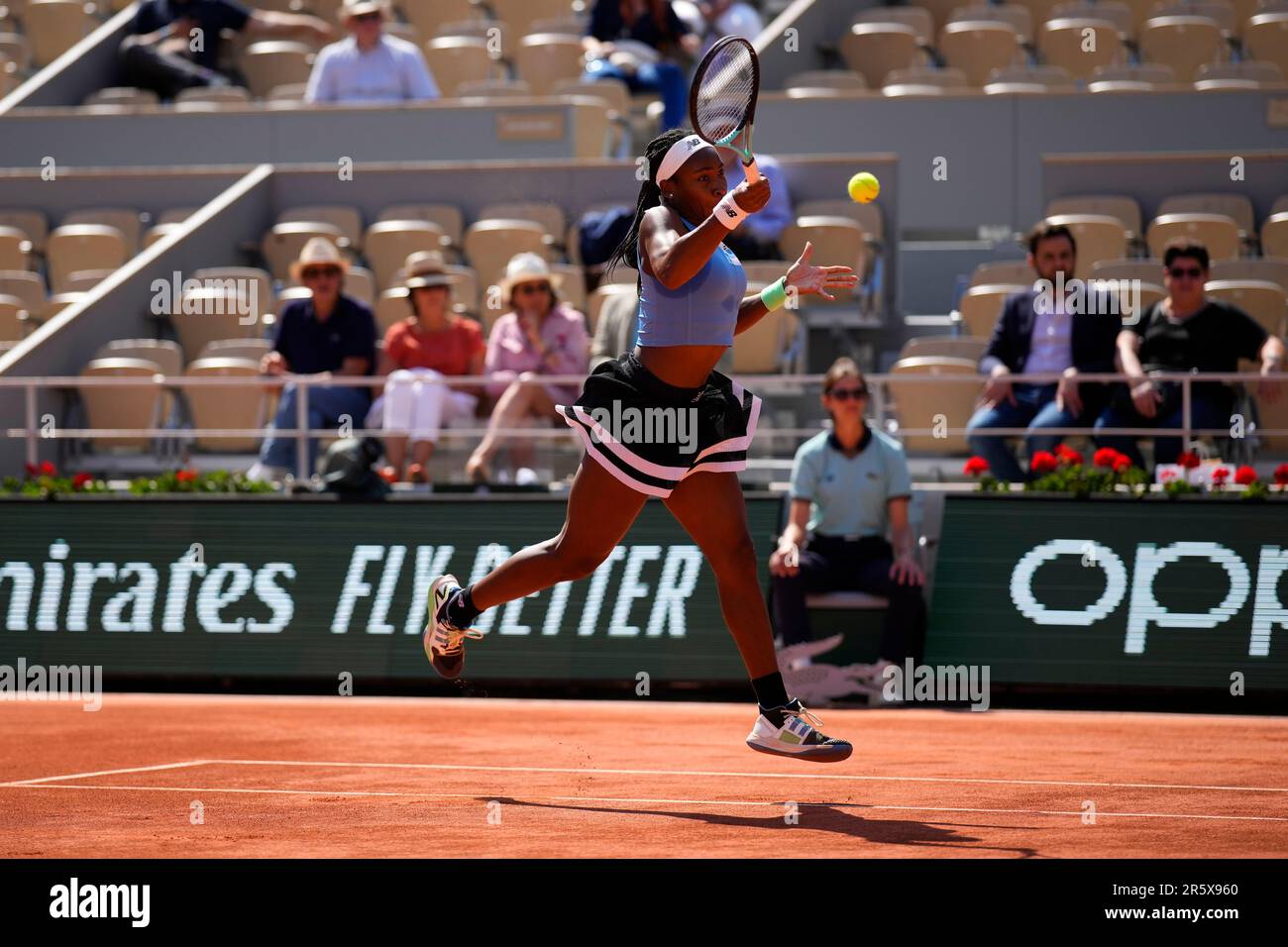 PARIS, FRANCE JUNE 5 Coco Gauff plays a strong forehand during 4th