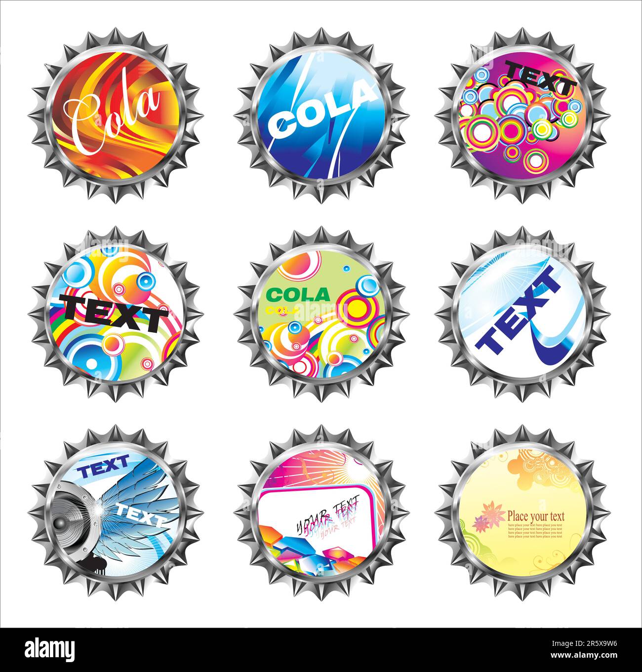Little collections of bottle caps with various colorful designs Stock Vector