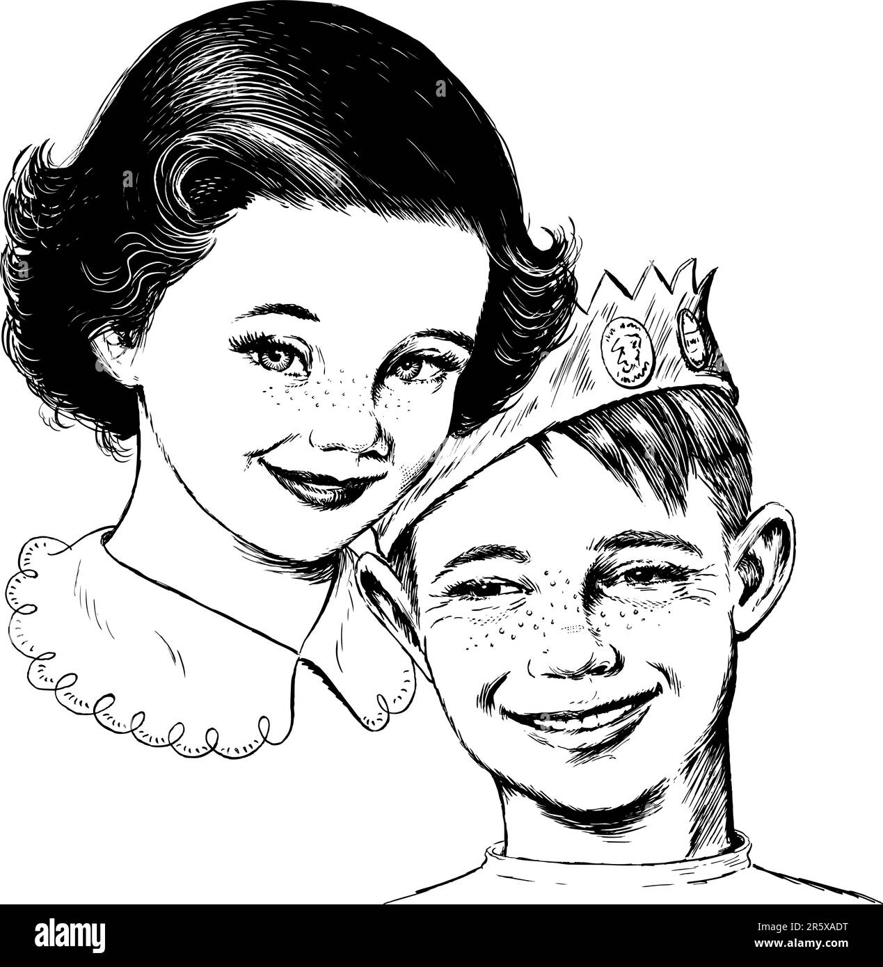 Vintage 1950s etched-style girl and boy.  Detailed black and white from authentic hand-drawn scratchboard. Stock Vector