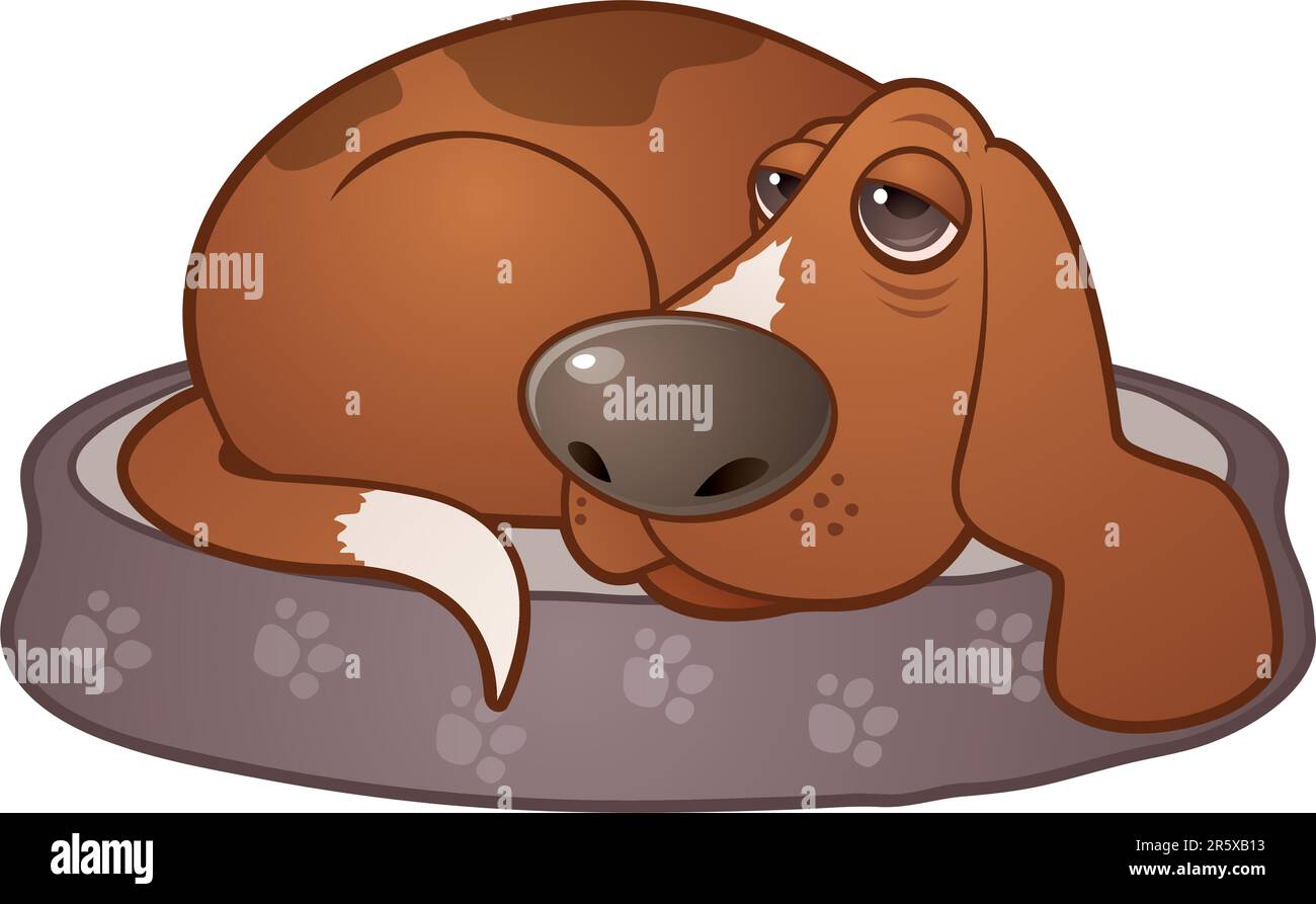 Vector cartoon illustration of a sleepy hound dog lying on a paw print dog bed. Stock Vector