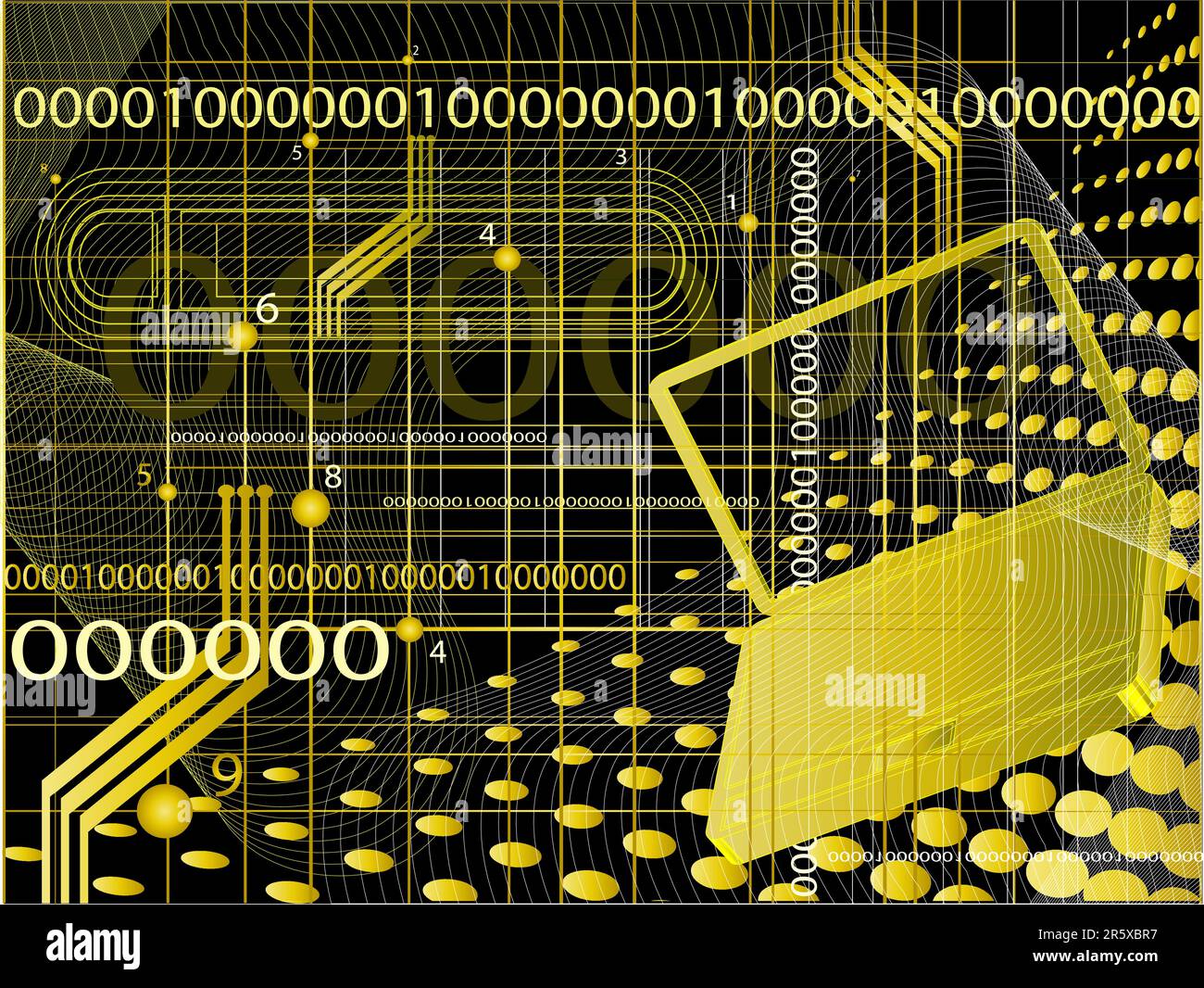 Abstract technological background with coordinates, figures and computer Stock Vector