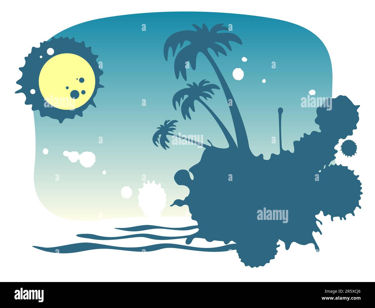 Stylized island with palm trees and moon on a night sky background. Stock Vector