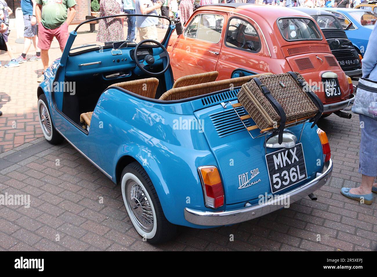 Replica 1972 Fiat 600 Jolly Recreation car originally created by Carrozzeria Ghia, complete with wicker seats, and wicker picnic basket, May 2023. Stock Photo