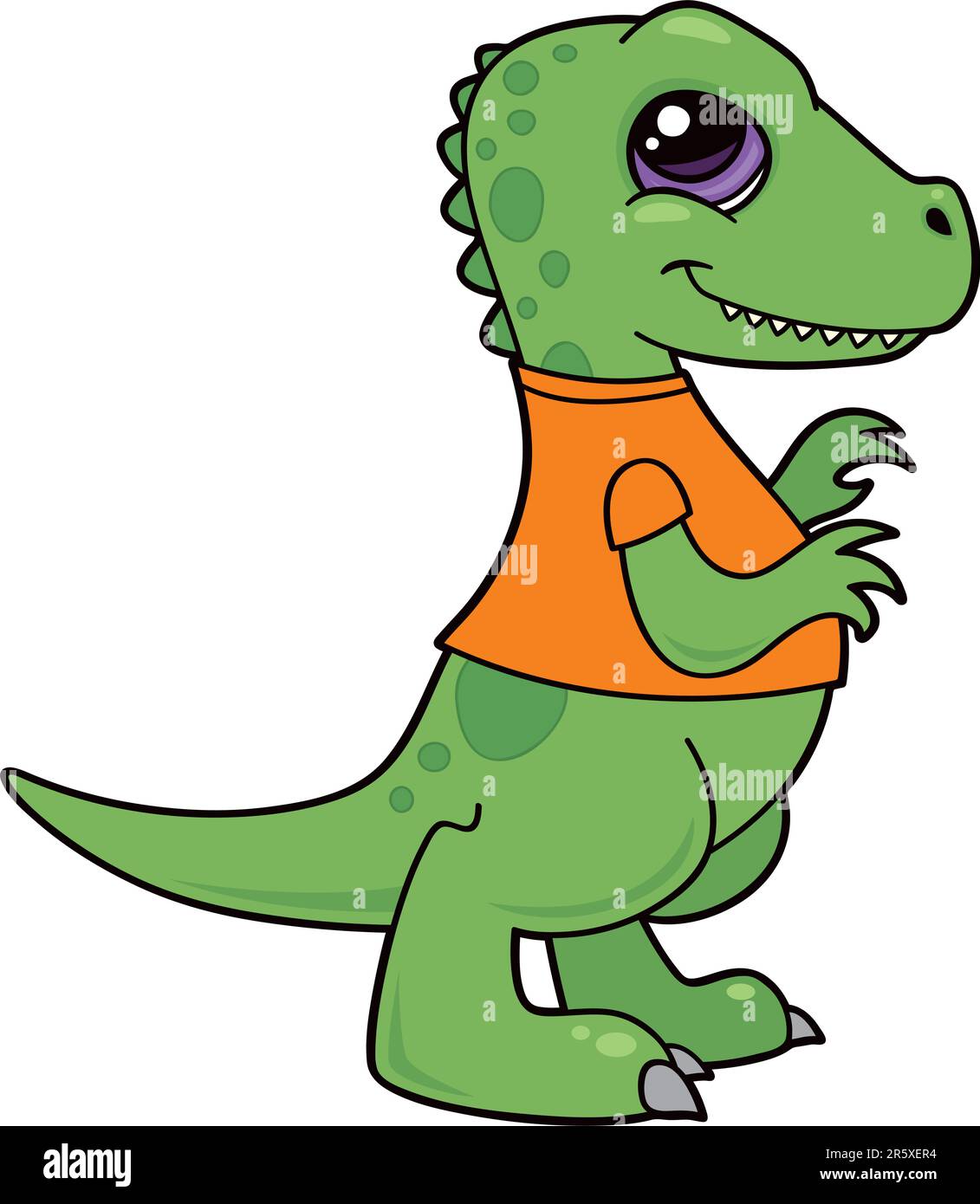 Vector cartoon illustration of a green baby Tyrannosaurus Rex dinosaur wearing an orange shirt. Stock Vector