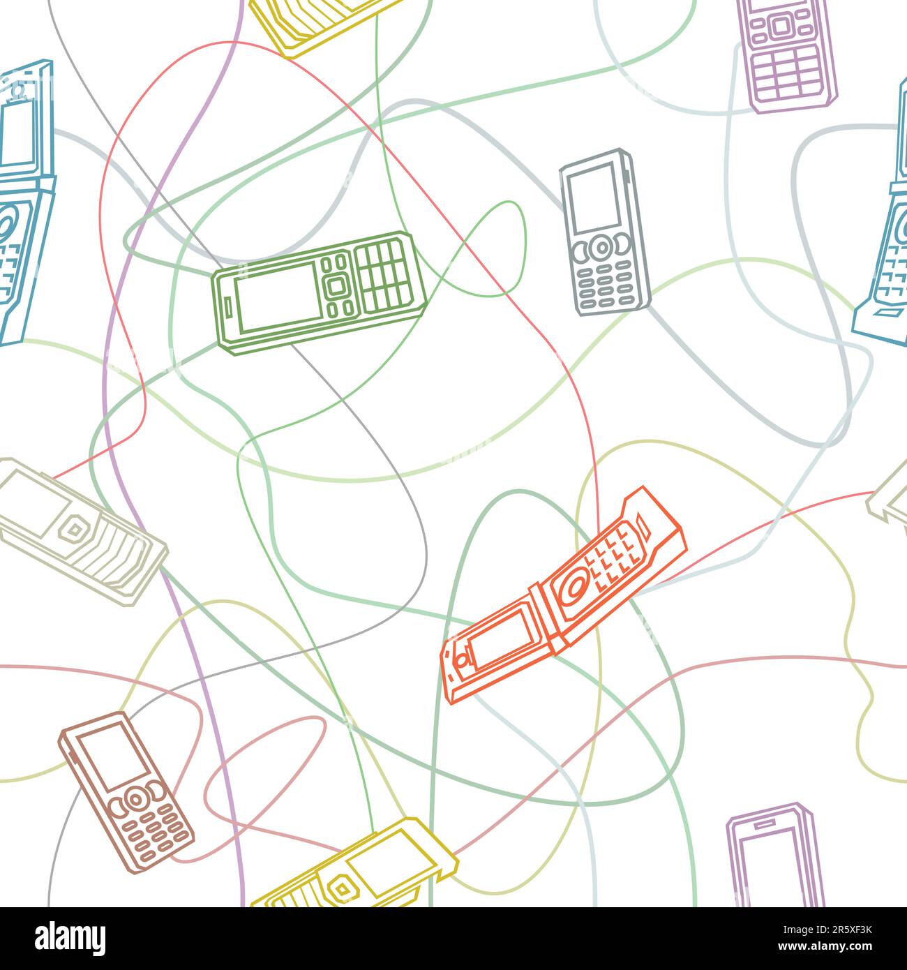 Seamless pattern of mobile phones with color lines in background. Ai