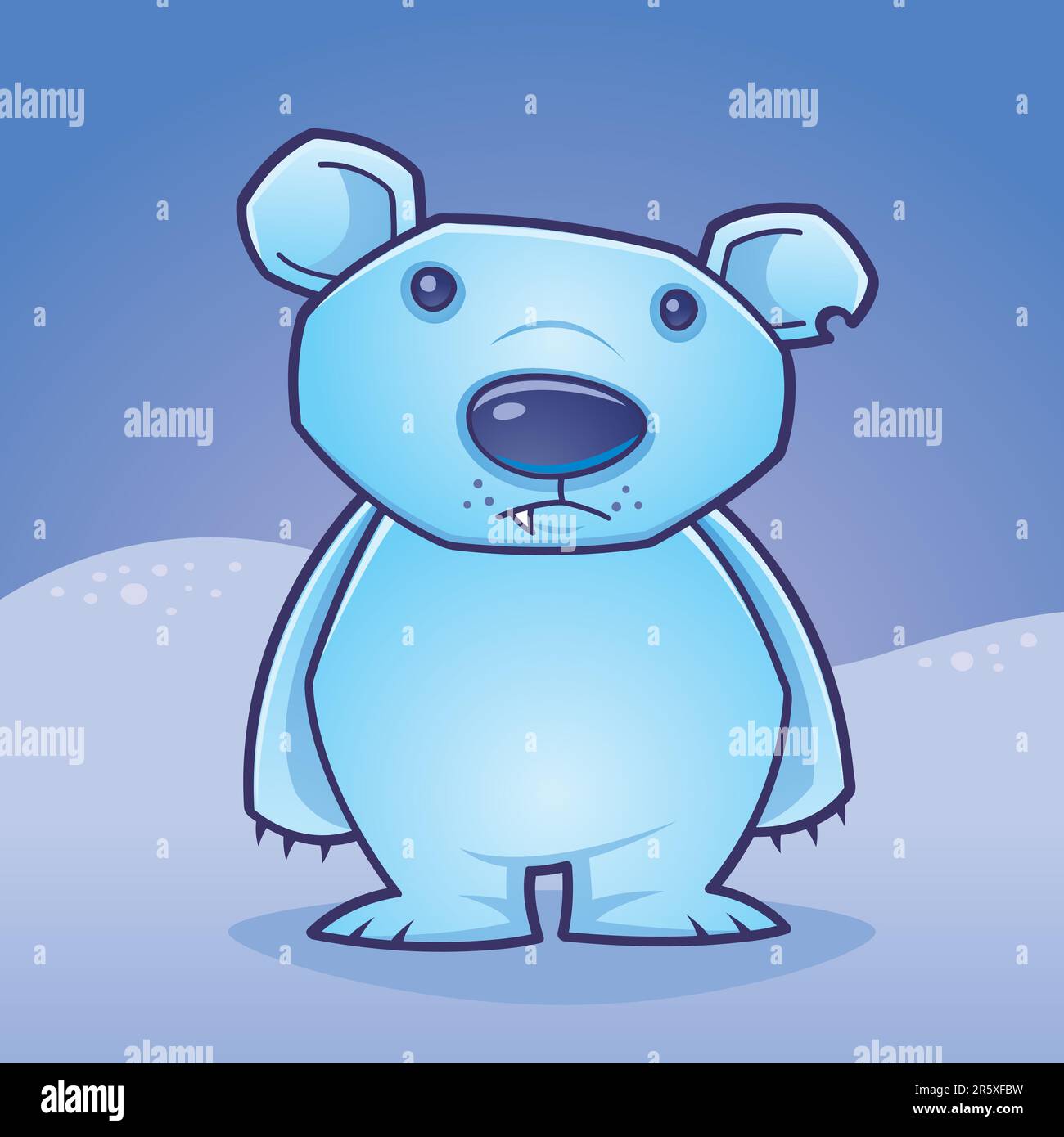 Cute polar bear cub standing in a snow covered landscape drawn in a humorous cartoon style. Stock Vector