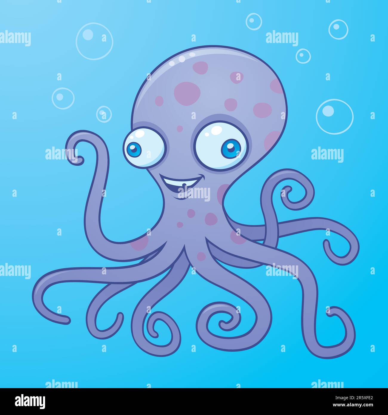 Vector cartoon illustration of a wacky happy octopus in the water with bubbles. Stock Vector