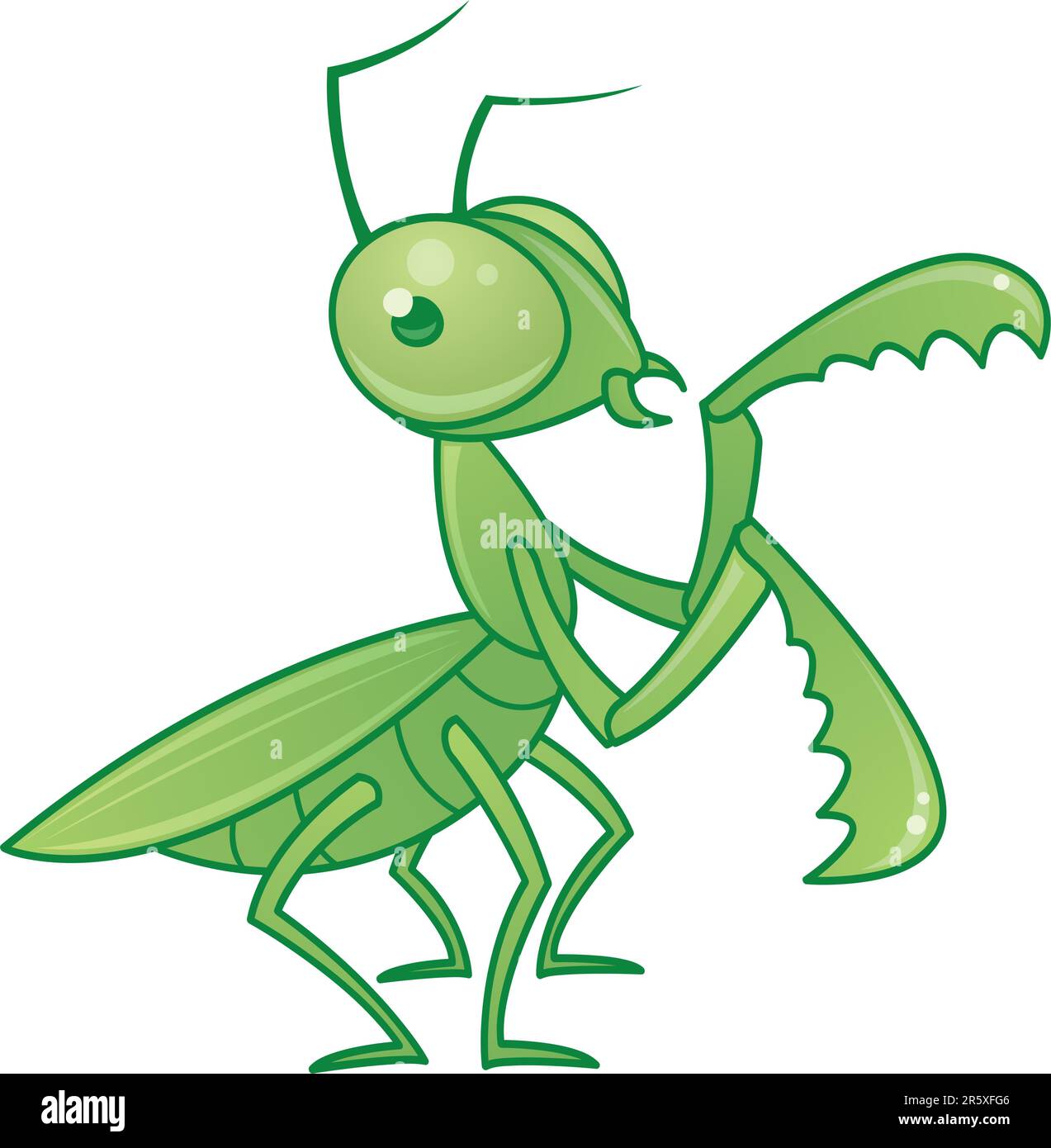 Vector drawing of a cute and friendly praying mantis character Stock