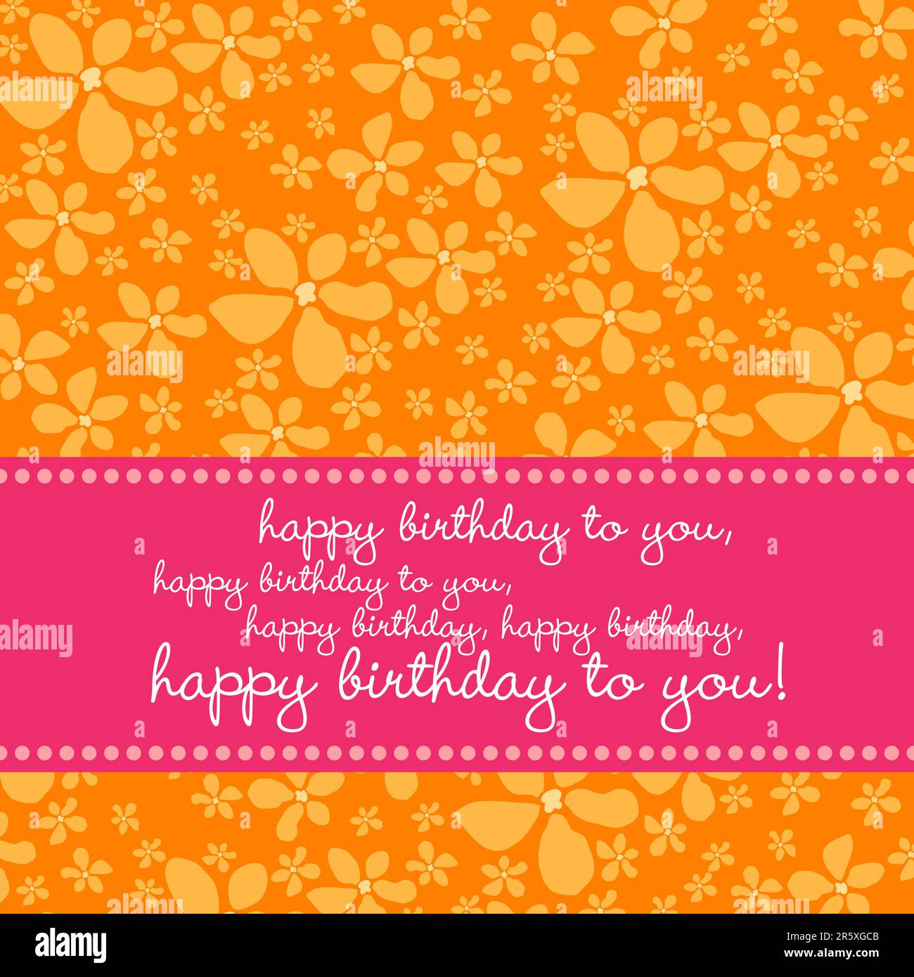 Bright colored birthday greetingcard with retro flower pattern in pink, orange, white. Stock Vector