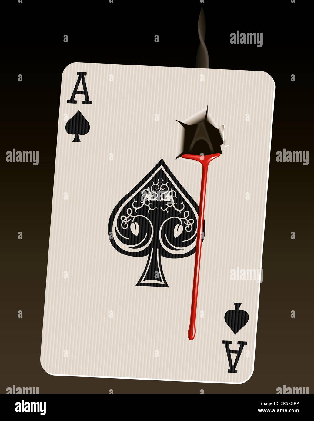 Photo-realistic vector illustration of the Ace of Spades (known as the Death Card), with a smoking bullet hole and blood. Stock Vector
