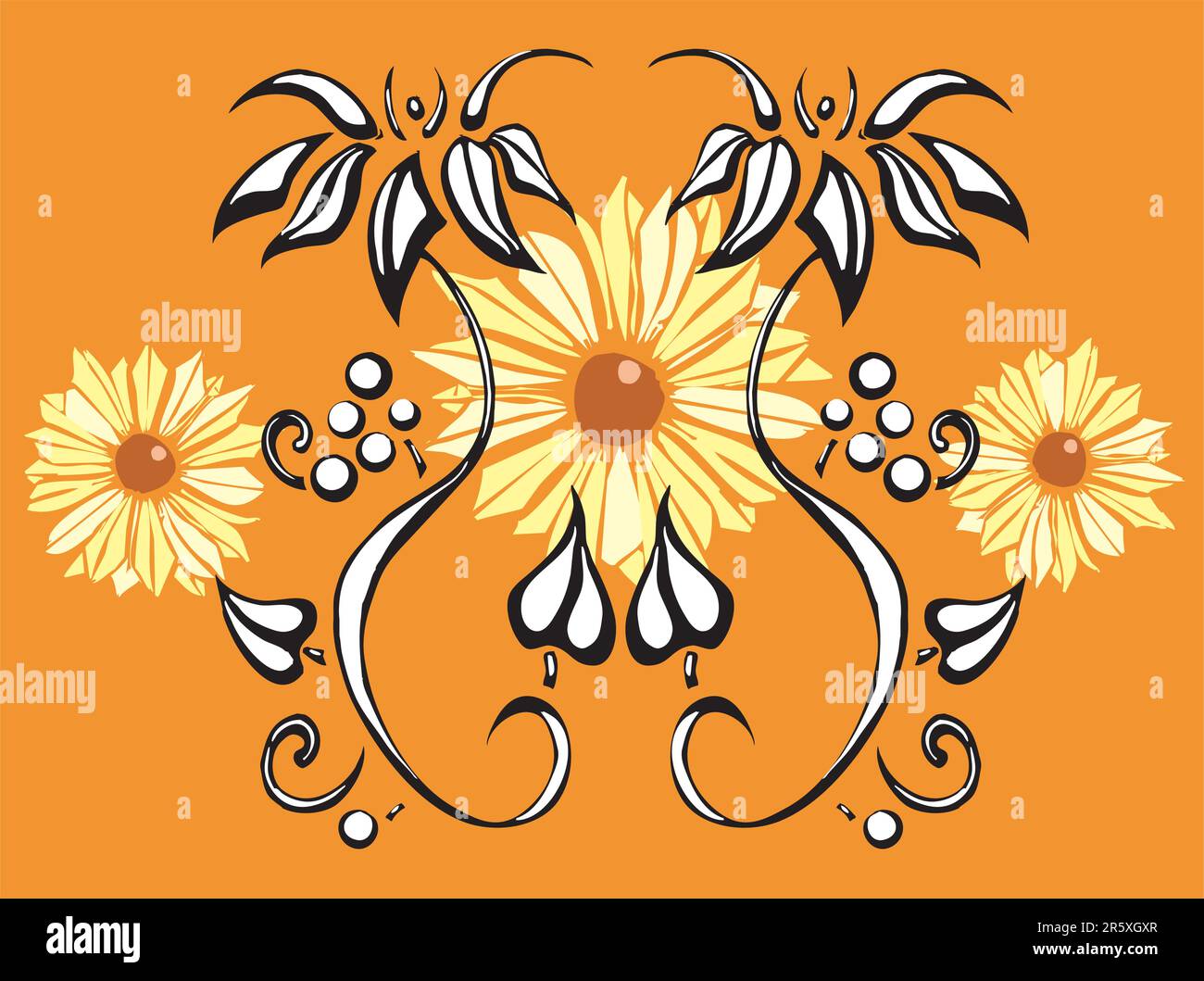 Floral image of two twining vines (derived from my own hand drawn images) with three black eyed susans in the background. Separate vector elements ... Stock Vector