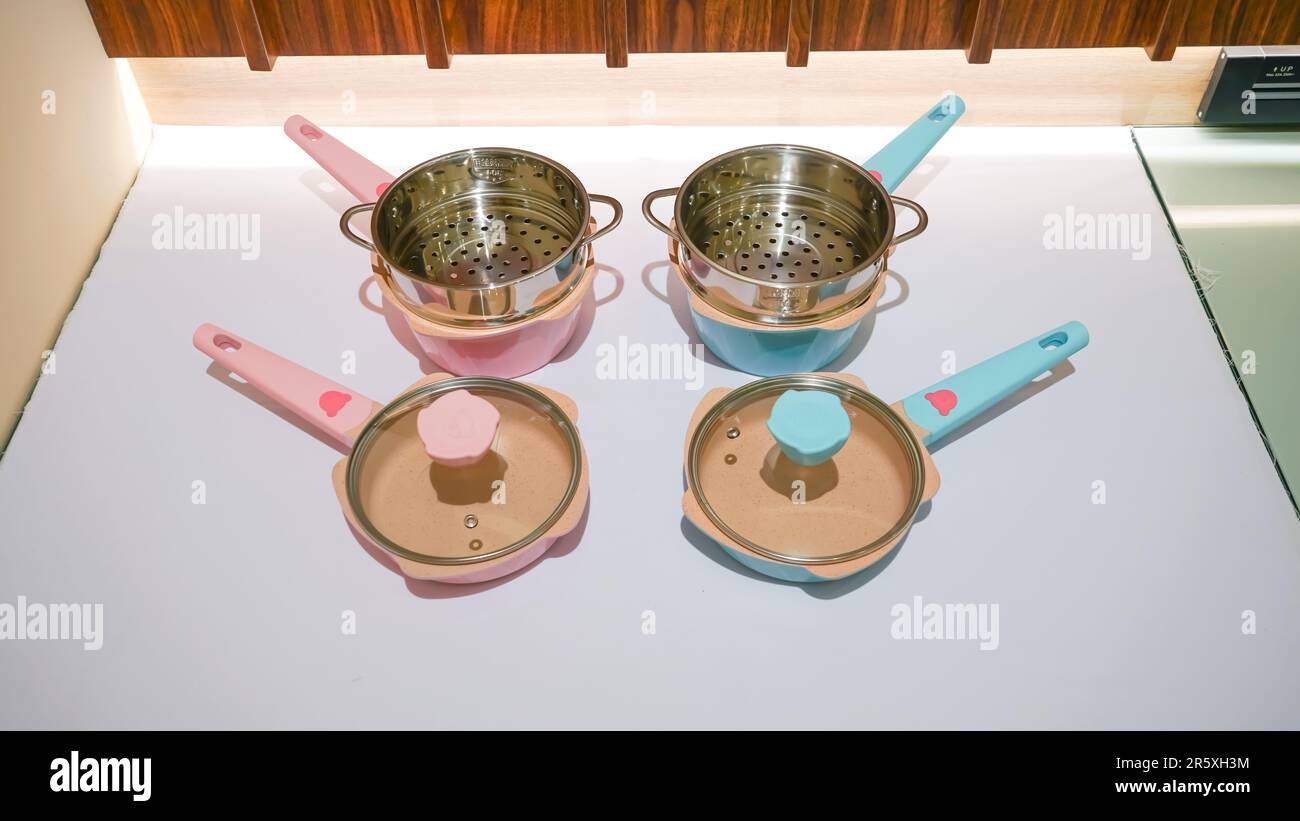 This product is a set of pink and blue colored Teflon sheets that are designed to be used with a food steamer. Stock Photo