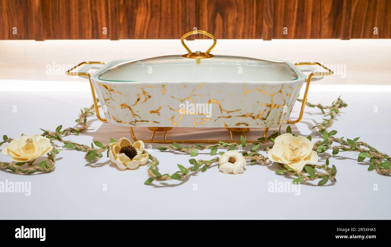 This Rectangular White Ceramic Vegetable Container with Gold Motif is a ...