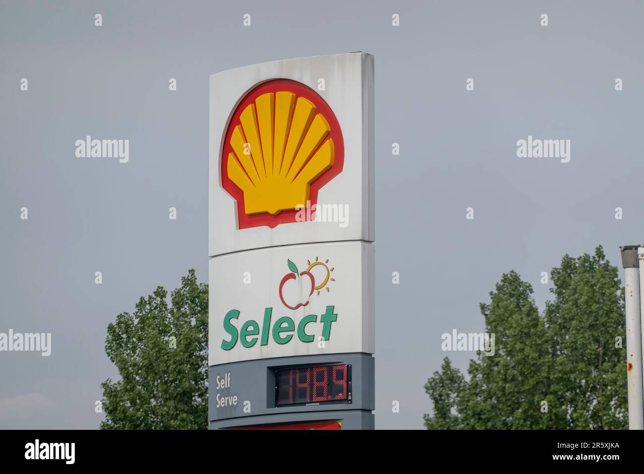Calgary, Alberta, Canada. Jun 4, 2023. A close up to a Shell logo sign