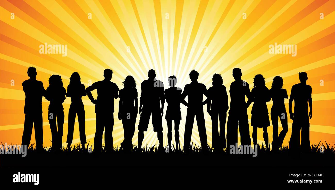 Huge group of people against a sunset sky Stock Vector