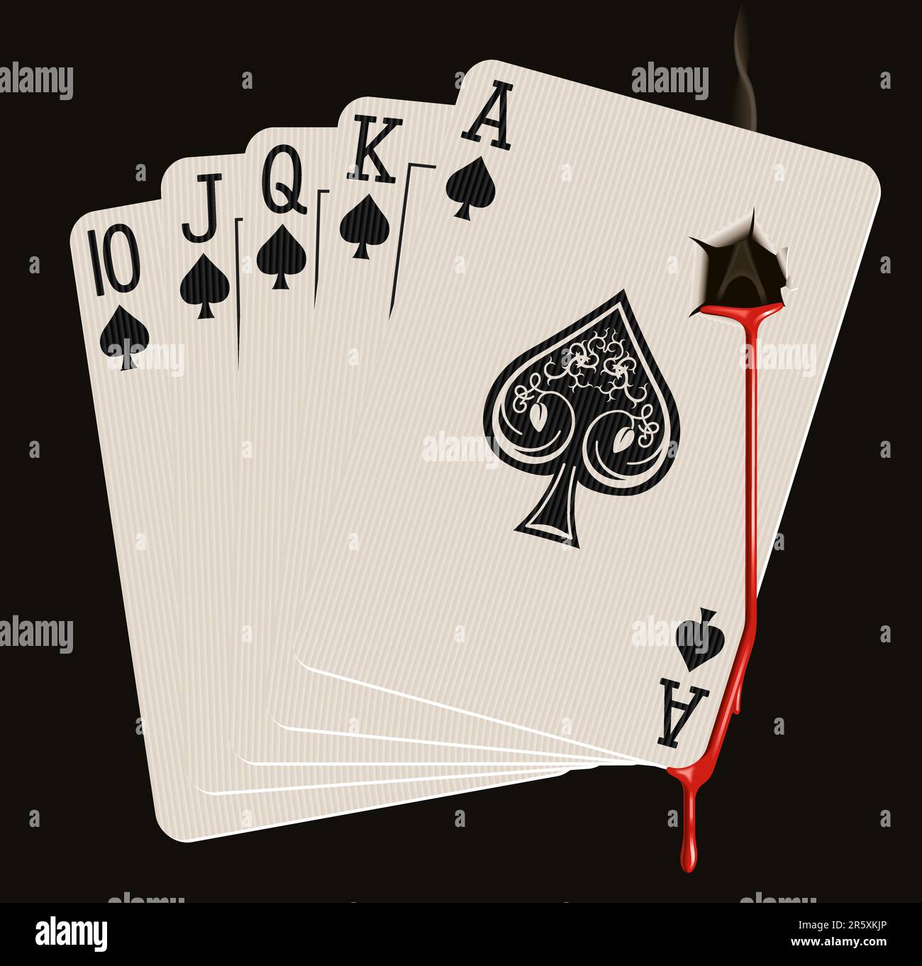 Photo-realistic vector illustration of Royal Flush in Spades, bleeding from a smoking bullet hole. Multi-layered. Stock Vector