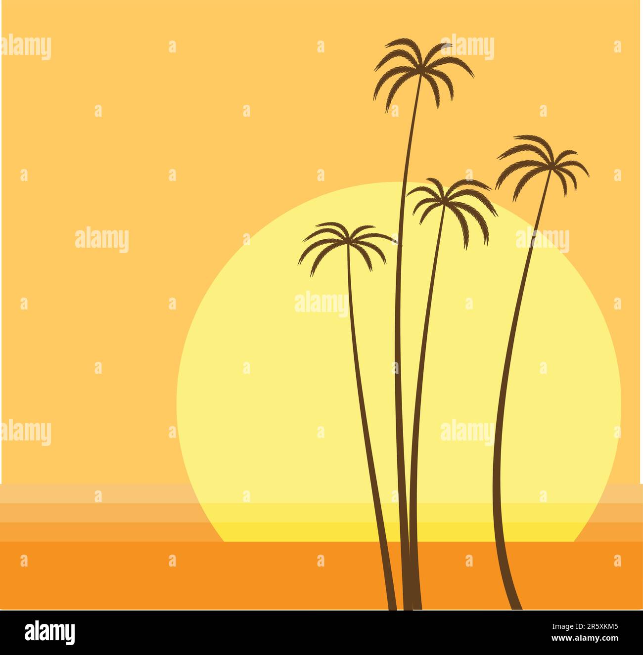 Vector illustration of   the sun is going down over the ocean and the palm beach. Stock Vector