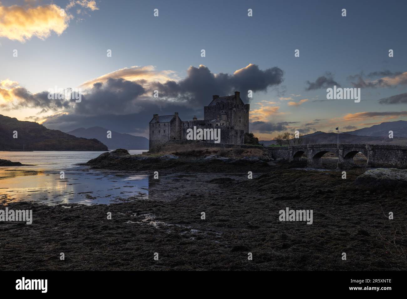 Eilean Donan Castle in Scotland in the evening light on the way to the Isle of Skye, Scotland, UK Stock Photo