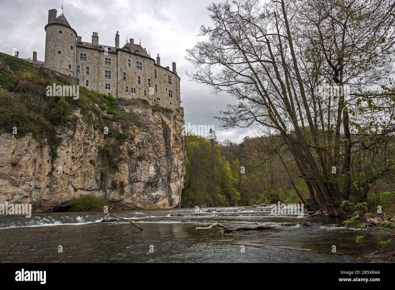 Castle, Chateau de Walzin, below River Lesse, Province of Namur, Dinant Region, Belgium Stock Photo