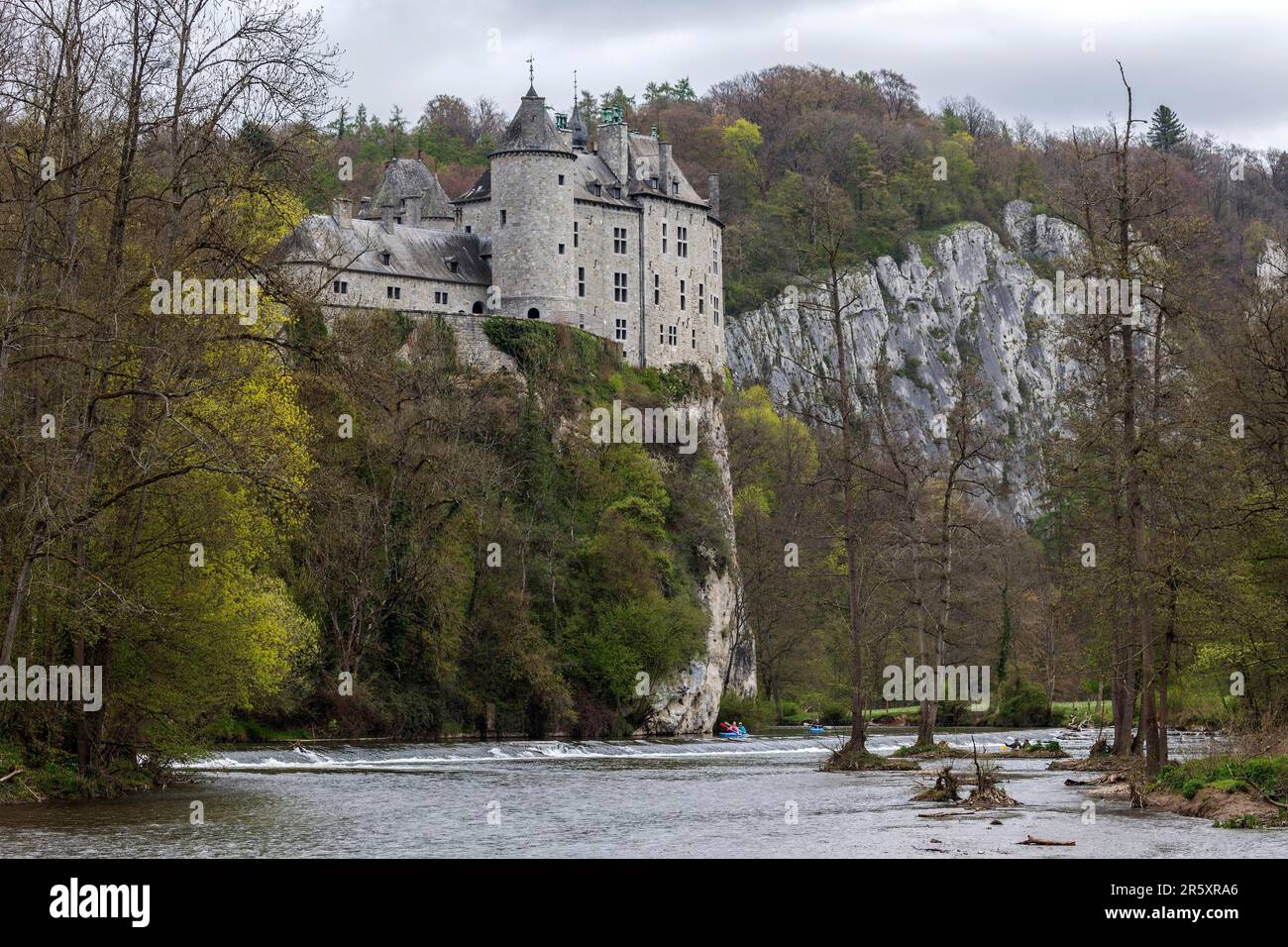 Castle, Chateau de Walzin, below River Lesse, Province of Namur, Dinant Region, Belgium Stock Photo