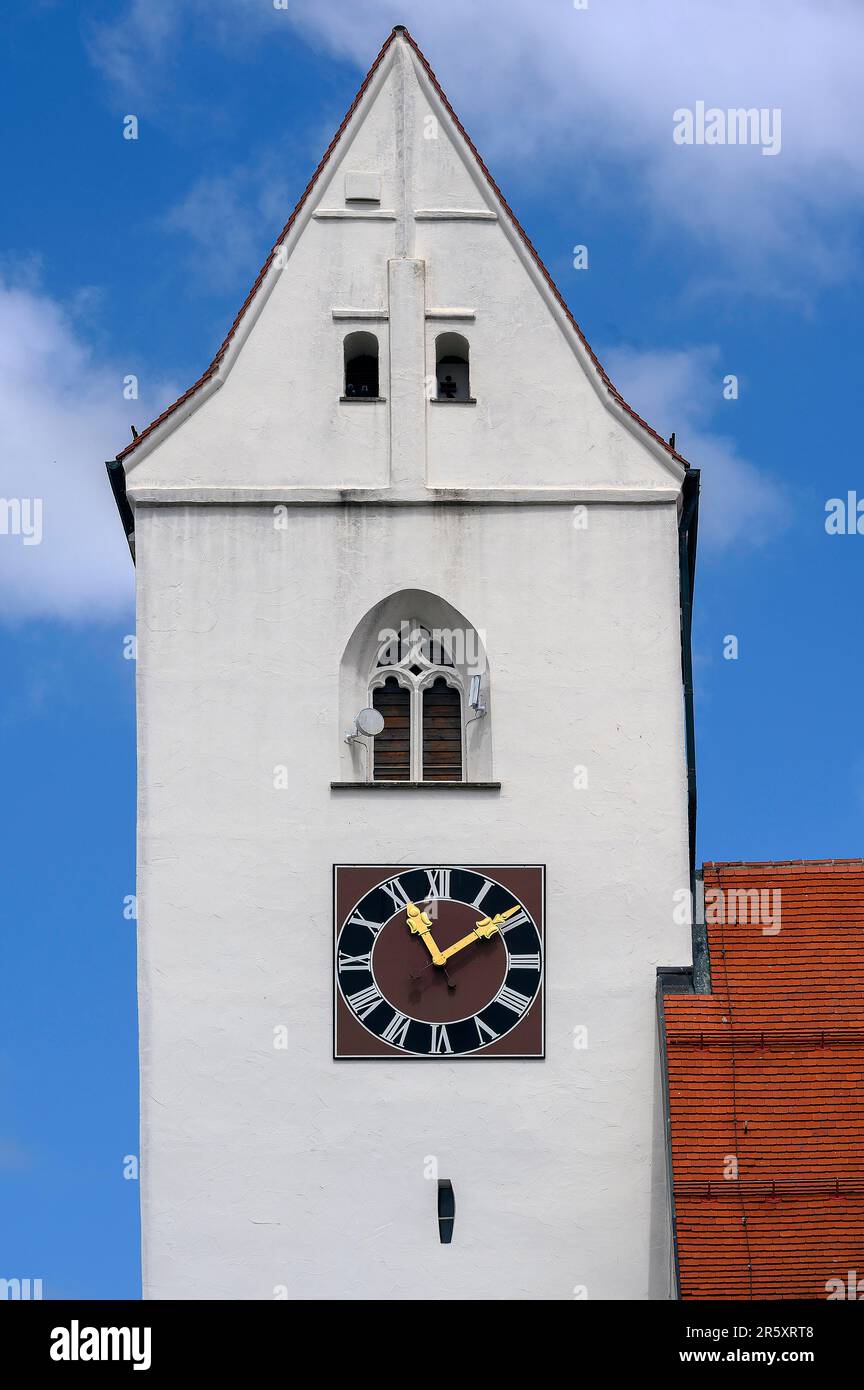 Church tower with clock of St. Michael, listed building, one of the oldest churches in the Allgaeu, Krugzell, Allgaeu, Bavaria, Germany Stock Photo