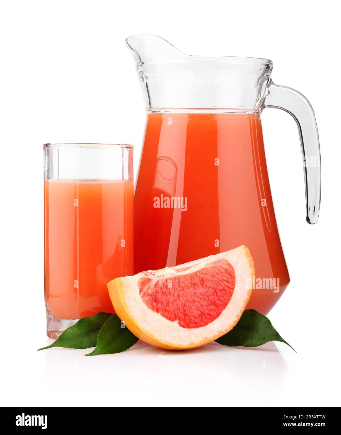 Jug of orange juice and orange fruits isolated on white, Stock image