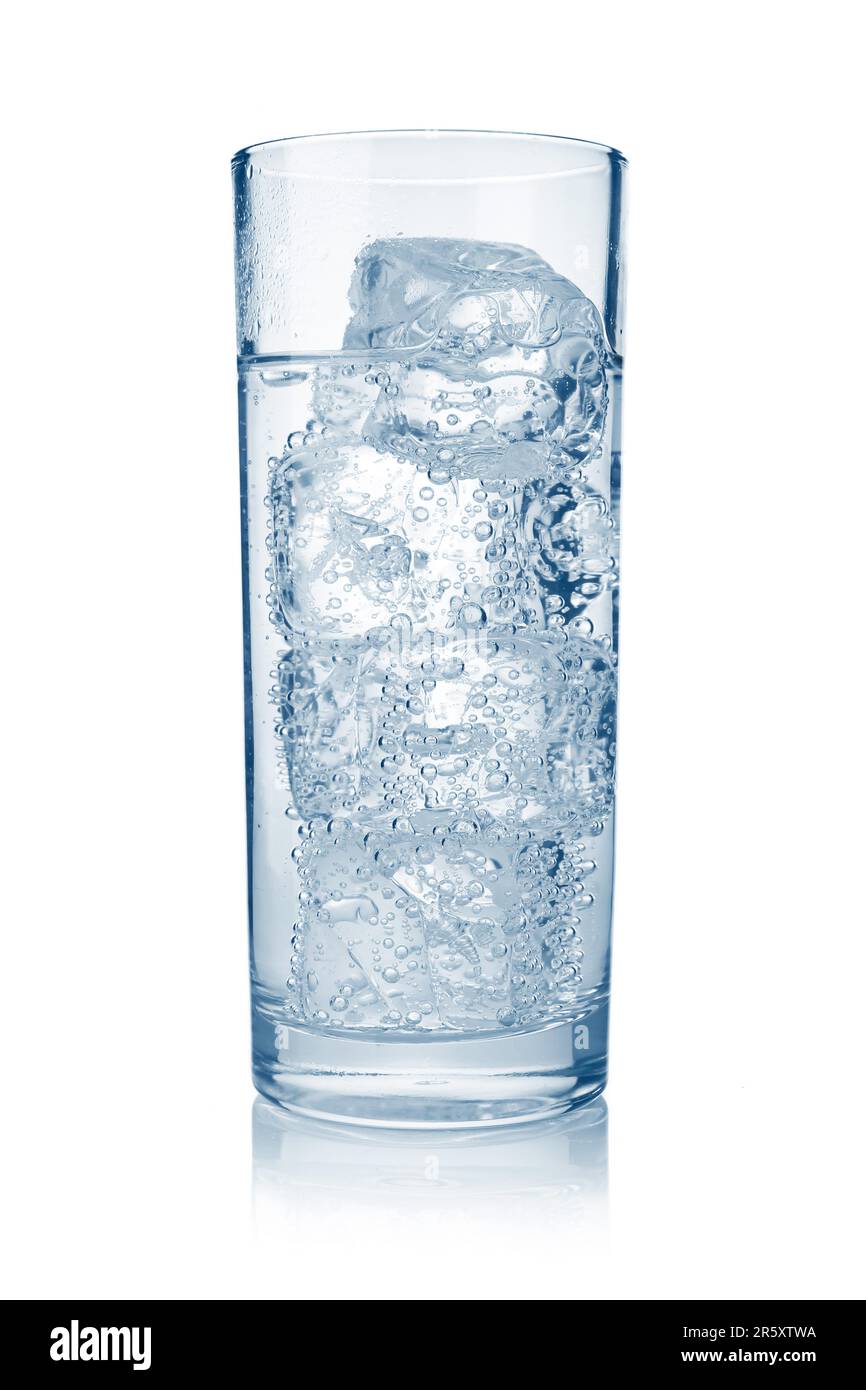 Full glass of fresh cool carbonated water with ice isolated on white ...