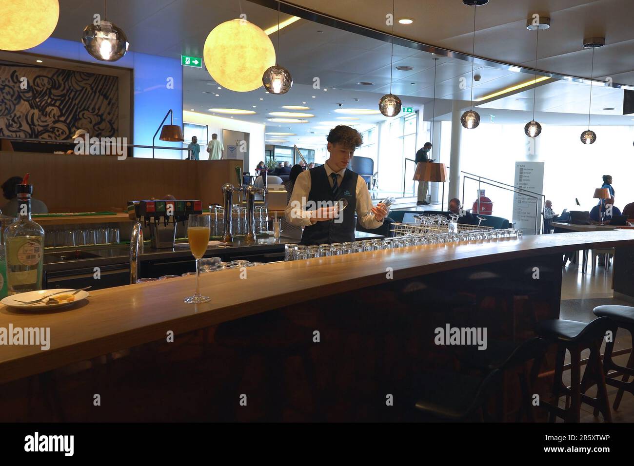 The bar station at the KLM crown business lounge in Schiphol airport in