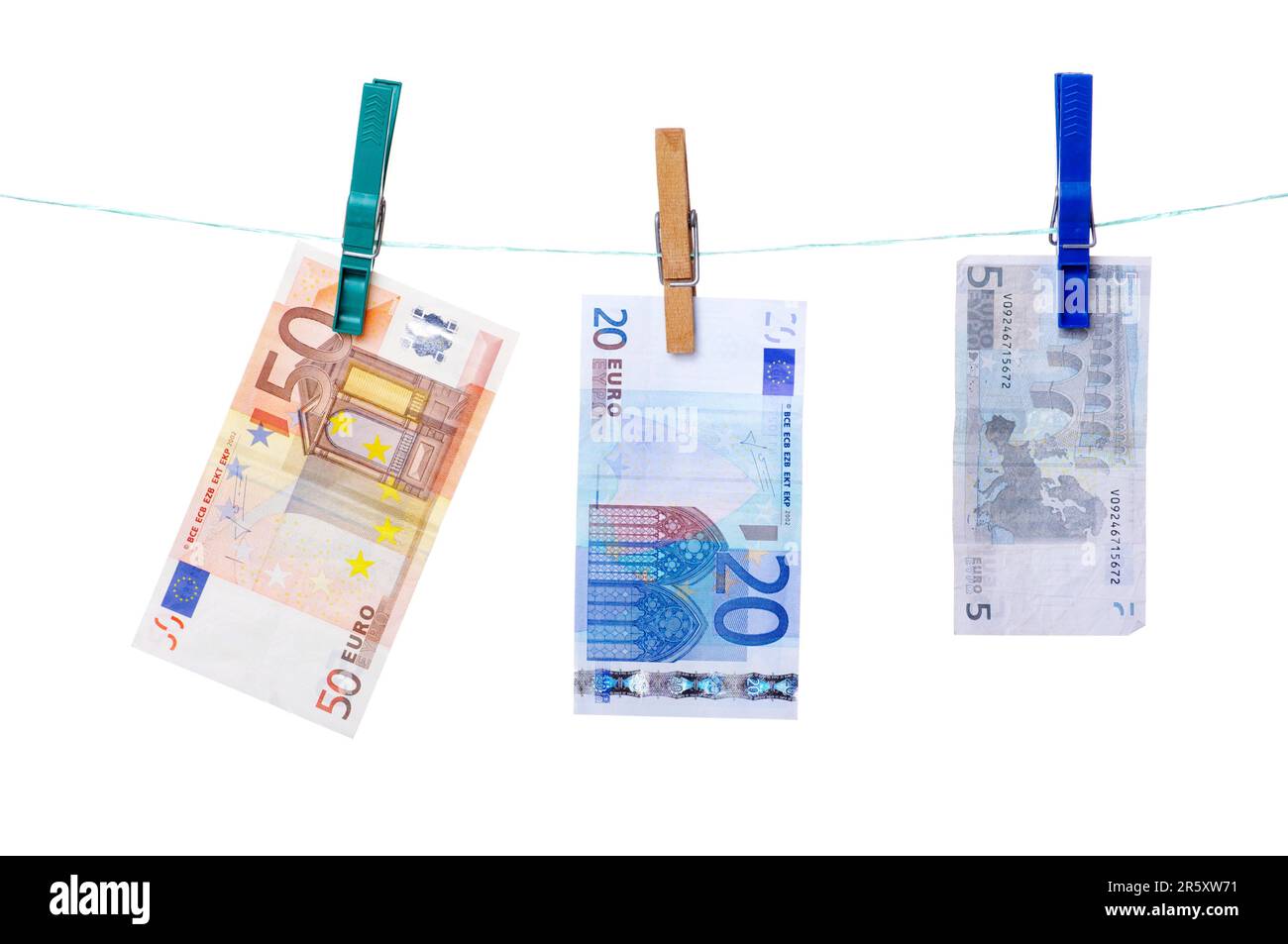 Euro notes to clothesline, banknotes, clothespin, clothespins Stock Photo