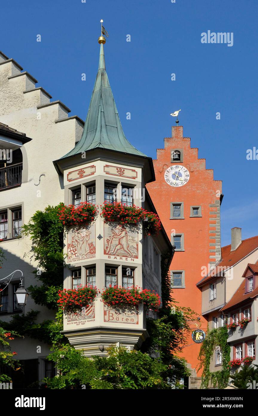 On Lake Constance, Meersburg, city centre, old town, bay window and upper gate Stock Photo